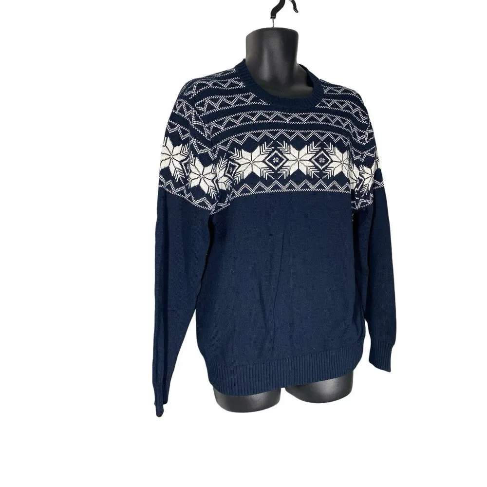 Weatherproof Mens Fair Isle Sweater Navy Fair Isle Crew-neck‎ Sweater Size Large